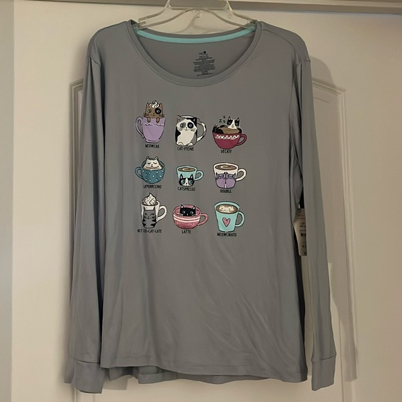 Secret Treasures Coffee Cats Sleep Shirt Size L (12-14) TOP ONLY - Picture 1 of 6